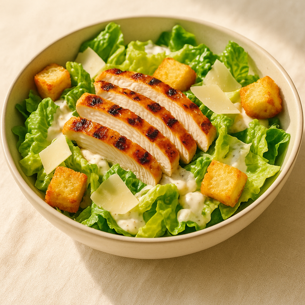 Frischer Caesar Salat mit gegrilltem Hähnchen, Parmesan und Croutons